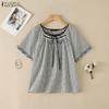 Women Plaid Print Summer Casual Round Neck Short Sleeve Blouse