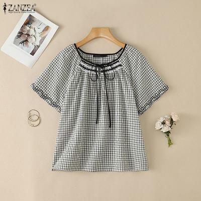 Women Plaid Print Summer Casual Round Neck Short Sleeve Blouse
