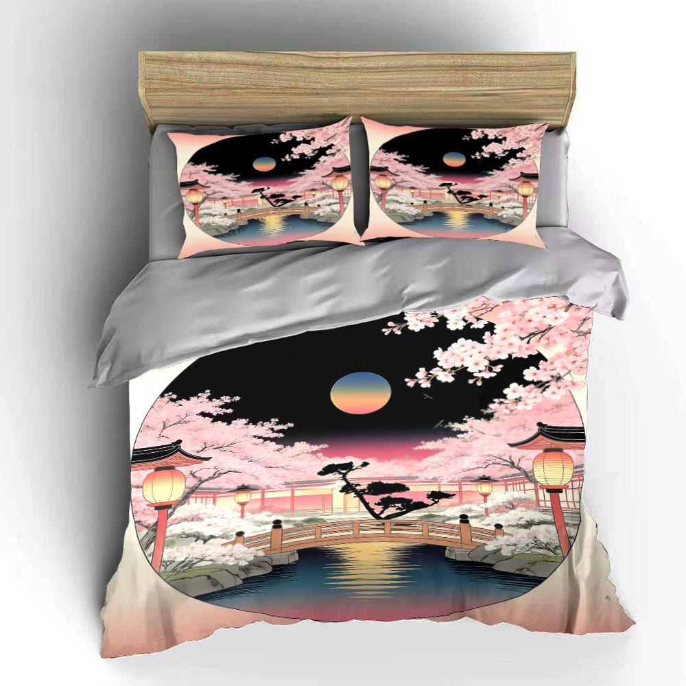 Cherry Blossom Set, Japanese Scenery Soft Comfortable Duvet Cover Bedding Set Included 1*Duvet Cover & 2*Pillowcases, Gift