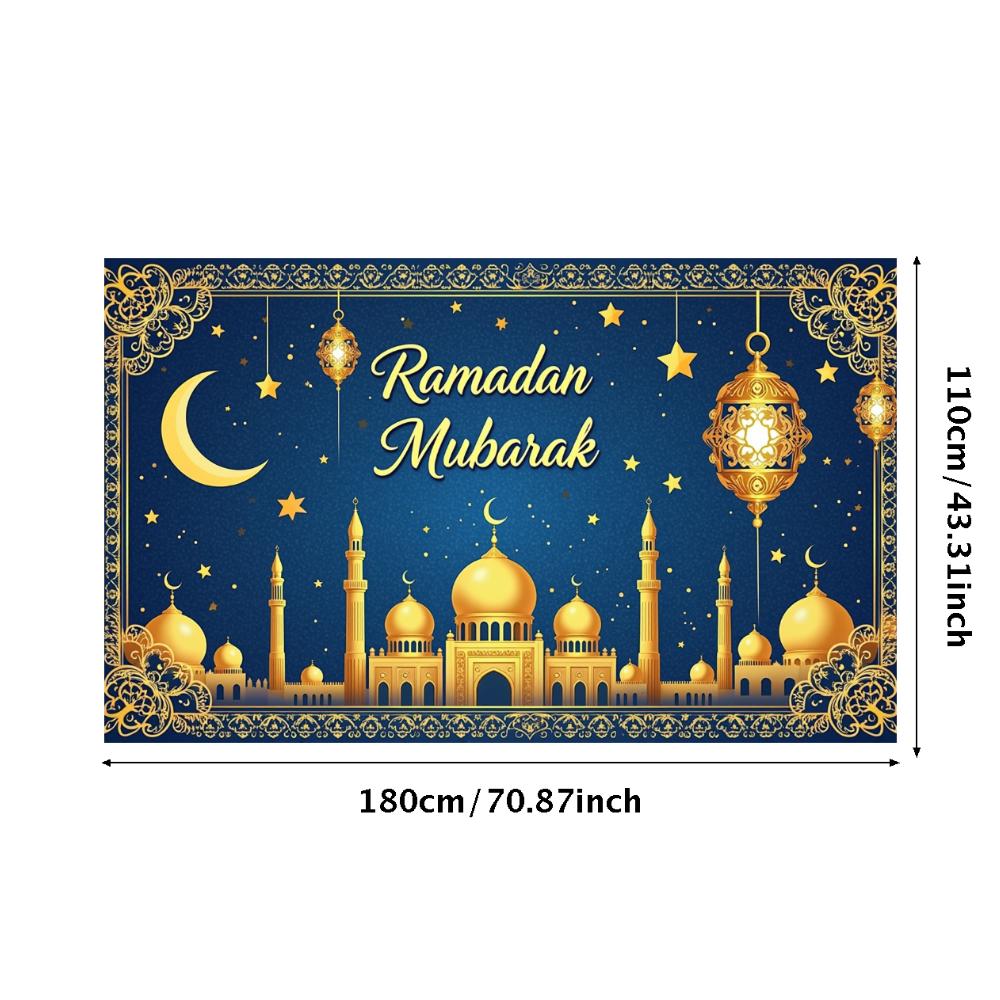 Crescent Moon Banner Blue Background Ramadan Mubarak Banner Ramadan Party Polyester Material Islamic Decoration For Holiday
