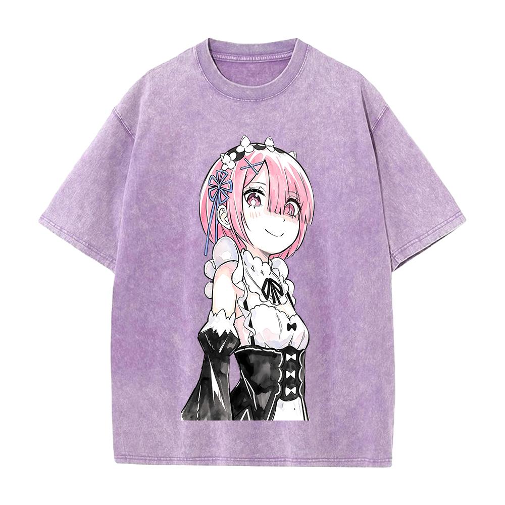 Hot Anime Re Zero Ram Cute Print T-shirt Men Women Tshirts Short Sleeve Cotton Clothing Retro Washed T Shirt Harajuku Loose Tops