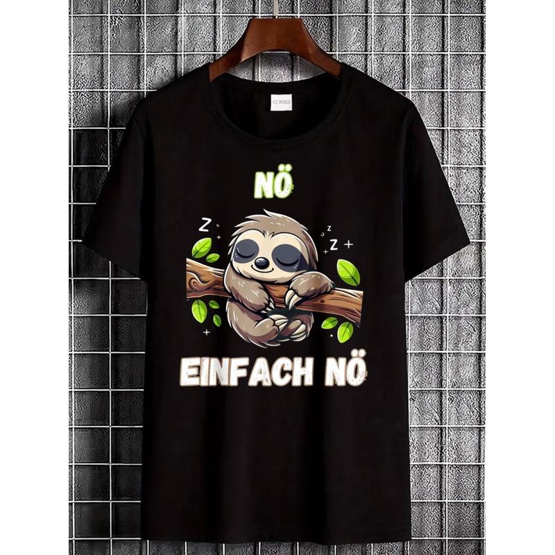 Black T-Shirt With Sloth Sleeping On Branch And Text No Einfach No Casual Wear, Crew Neck, Regular Fit, Short Sleeve, Medium Stretch Fabric, Perfect