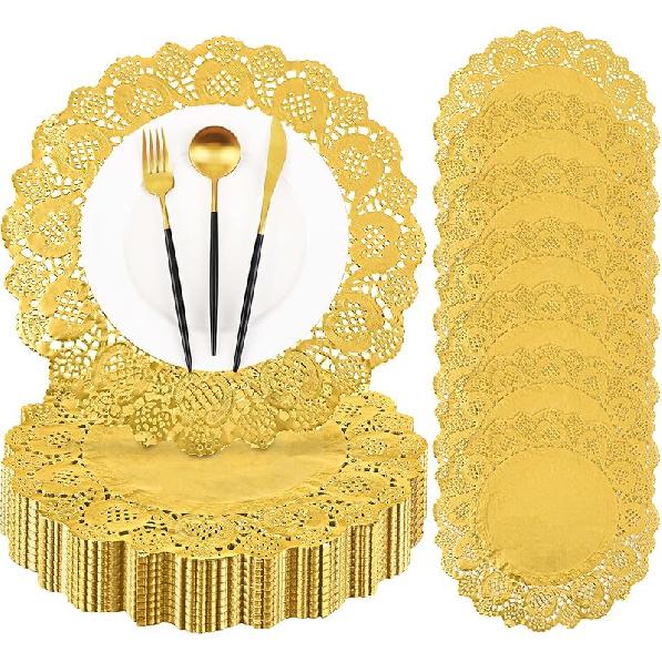 MCEAST 144 штуки 14 дюймов бумажные салфетки круглые кружевные золотые бумажные салфетки одноразовые фольгированные кружевные бумажные салфетки подставки под тарелки бумажная подставка для тортов поделок вечеринки 144