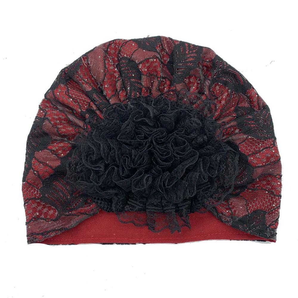 Breathable Leaves Embroidered Lace Turban Caps for Women