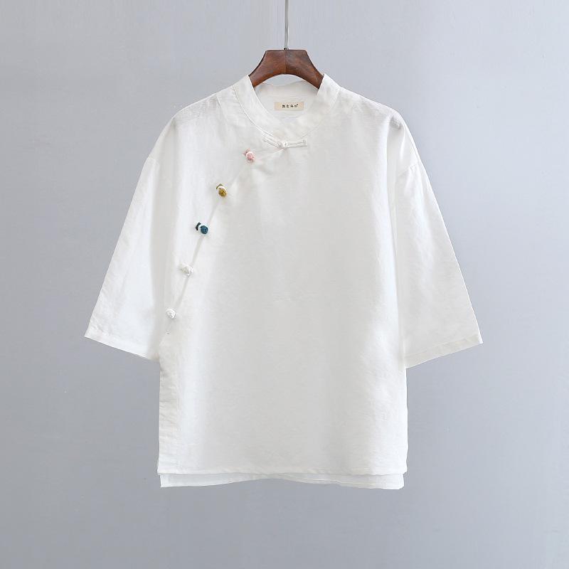 2025 Summer Women's Retro Cotton Linen Stand Collar Color Block Short Sleeve Top for Tea Ceremonies