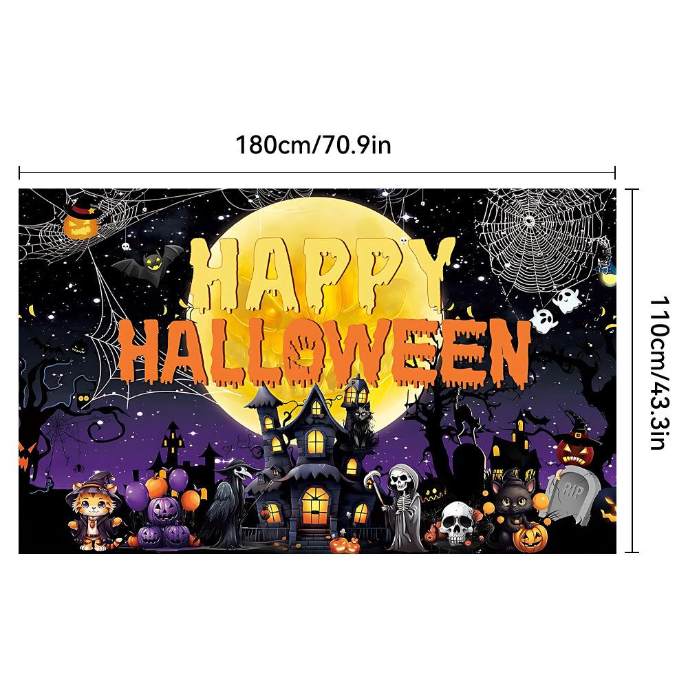 1pc Happy Halloween Party Backdrop Night Moon Castle Ghost Pumpkin Colorful for Halloween Party Living Room Decorarion Washable