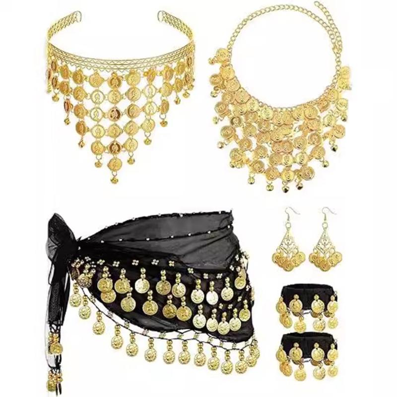 Belly Dance Accessories,Belly Dance Hip Scarf Wrap Belt,Coin Drop Earrings Hair Chain Bracelet Gypsy Costume for Women