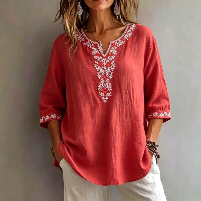 Women Cotton Linen Embroidered V Neck Loose Summer Blouse M