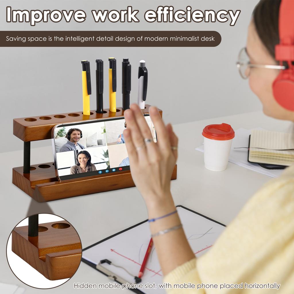2Pcs Wooden Pen Holder with 9 Slots and Phone Holder Decorative Wood Pencil Organizer Pens Display Stand for Home Office Decor