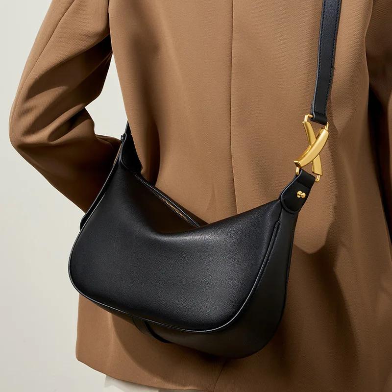 Women's Genuine Leather Shoulder Bag Half Moon Bag  Hobos Bags  Luxury Designer