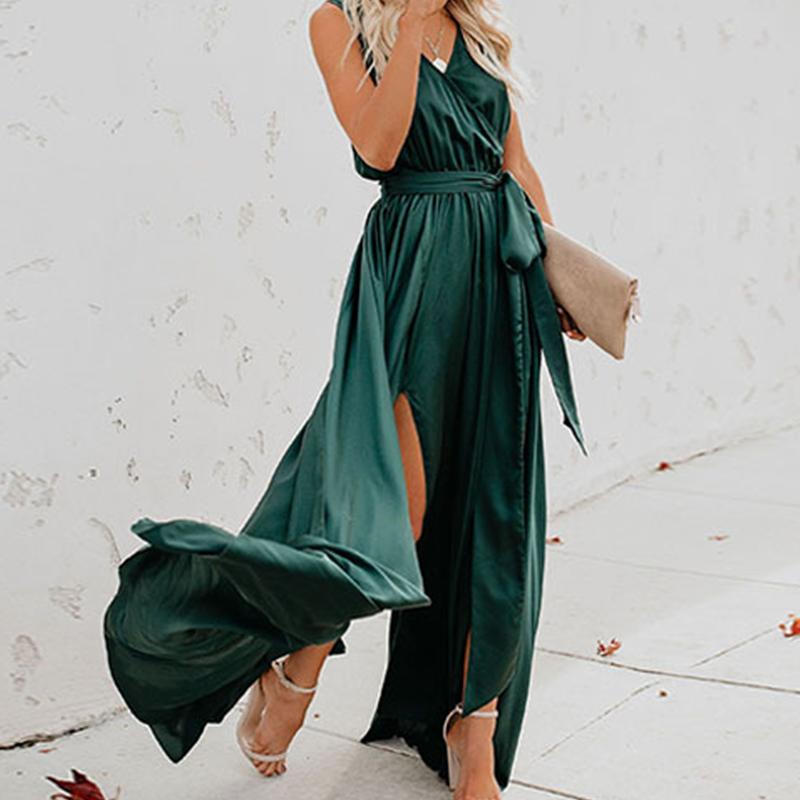 

2023 Plus Size Women Новое однотонное платье с V-образным вырезом без рукавов с высоким разрезом и длинной юбкой