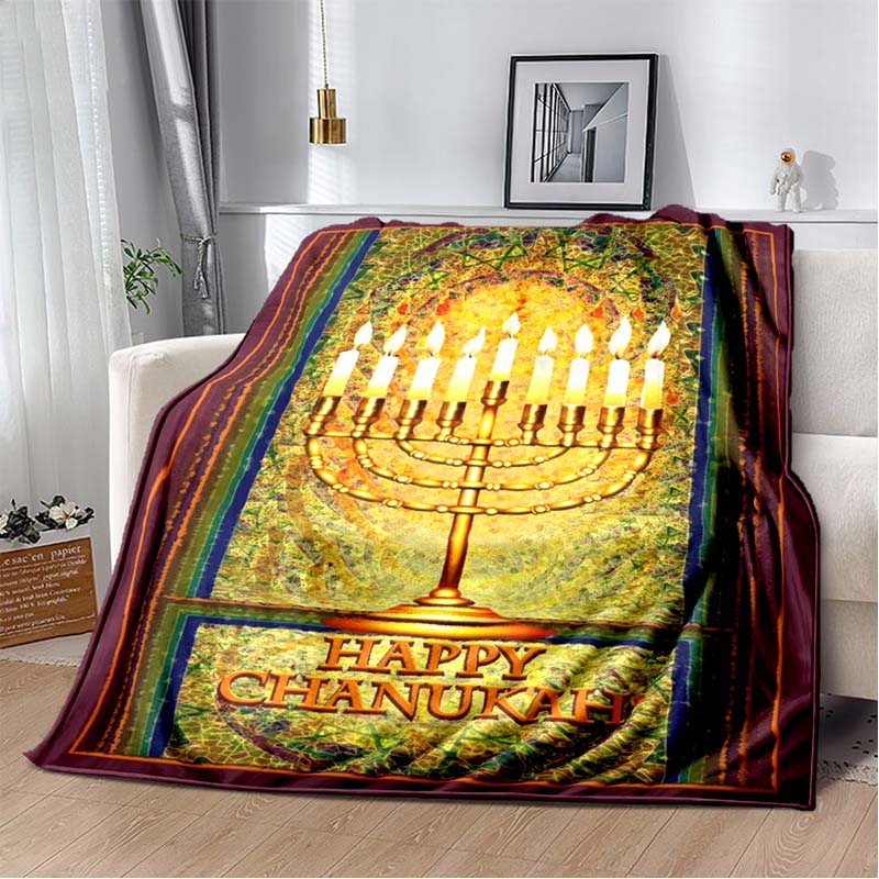 Jewish Holiday Golden Menorah Star David Black Yellow Border Print Soft Flannel Throw Blanket Sofa Bed Warm Decor Cover For Religious Festival Fans
