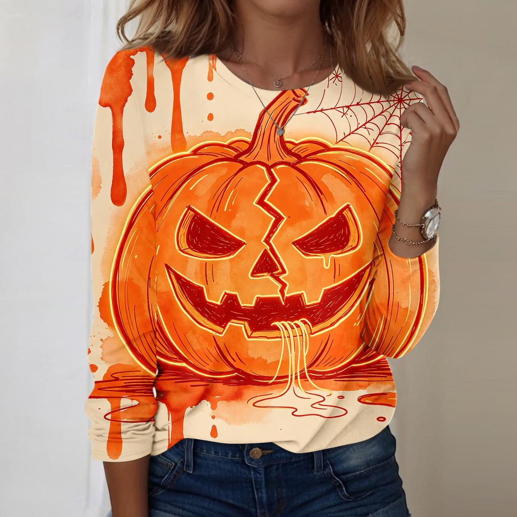 Women's Casual Long Sleeve Halloween Print Pullover Top Crew Neck Lightweight Sweatshirt for Everyday Wear