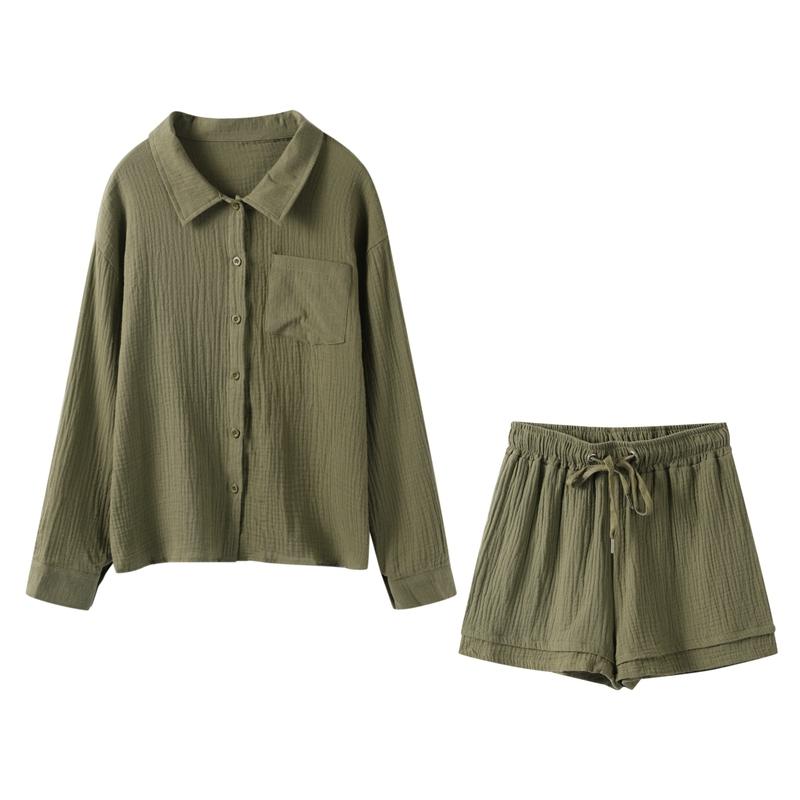 Wrinkled Lace-up Wide Leg Short Pants Set Wrinkled Fabric Woman Solid Long Sleeve Pockets Cotton Shirt Shorts 2-Pieces Sets Casual Loose Outfit