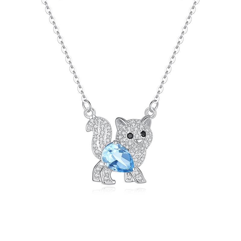S925 Silver Cat Pendant Necklace Natural Crystal Choker Chain for Women