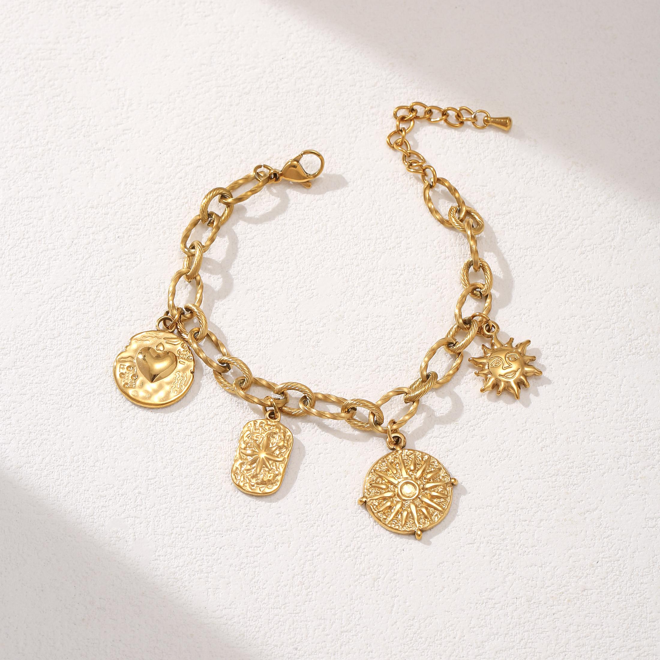 

Golden Chunky Chain Sun Heart Charm Pendant Bracelet for Women Vintage Jewelry Gift 16cm золотистый