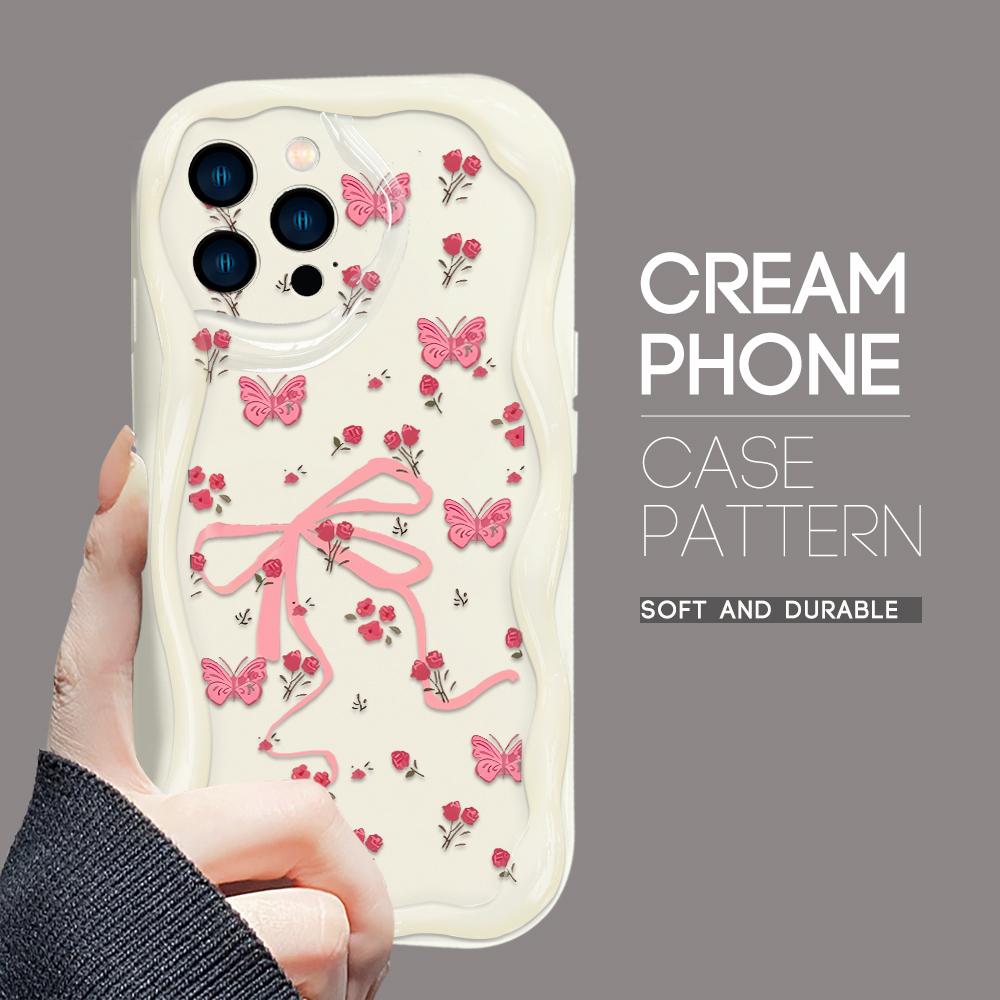 For iPhone 16 15 14 13 12 Samsung S24 S23 S22 A06 A13 A14 A15 A16 A55 Redmi Note 13 12 Flowers Butterfly Cream Texture Wavy Edge Soft Phone Case