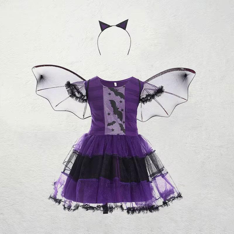 Dívčí fialové šaty s netopýrem Dětský extravagantní cosplay kostým upíra démona s křídly a pokrývkou hlavy Halloweenské karnevalové oblečení pro čarodějku
