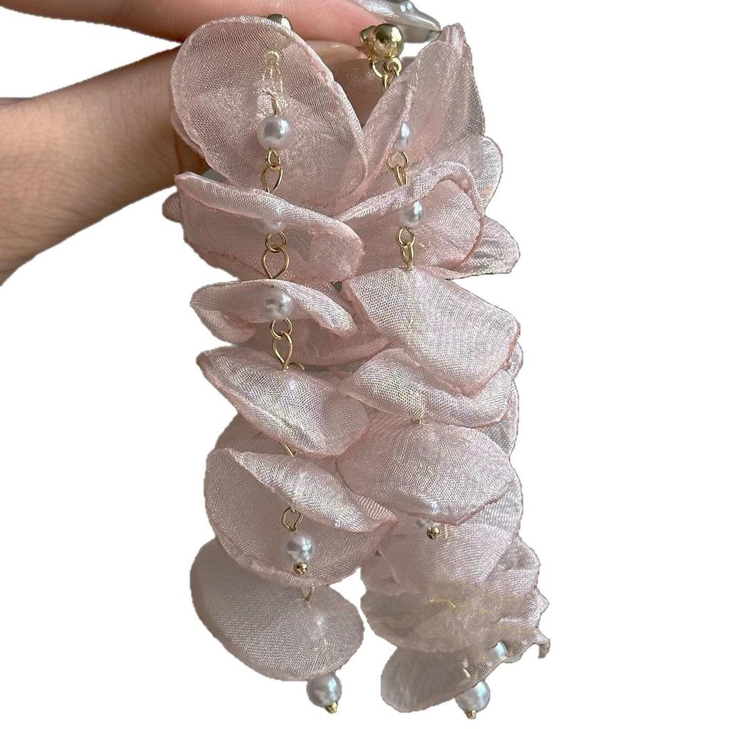 Korean Chiffon Flower Tassel Earrings: High-End Pearl Design with Niche Fashion Appeal.