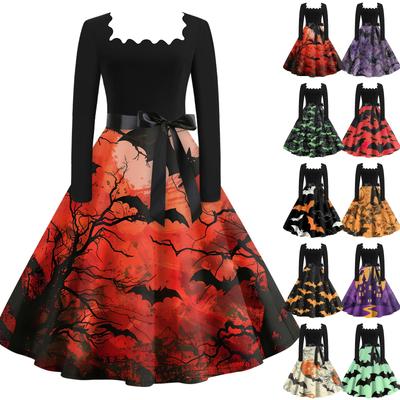 Vestido acampanado con estampado de Halloween para mujer, vestido de manga larga, vestidos casuales de fiesta calados
