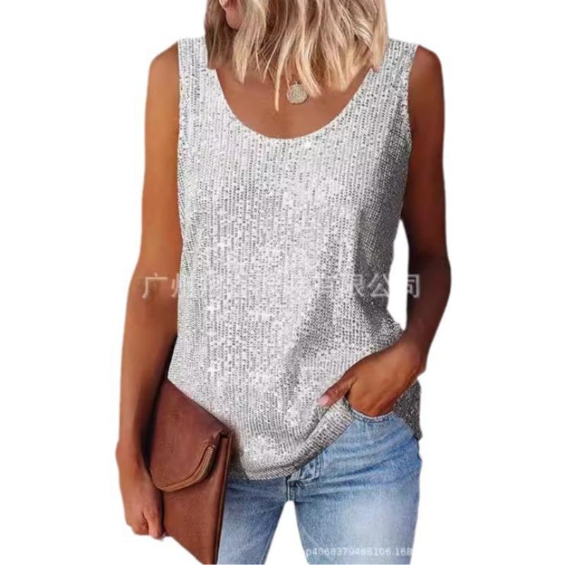 Women U neck sequin sleeveless tank top silver loose casual party camisole S серебряный