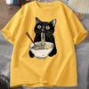Noodle Lamian Noodles Cat Tshirt Gourmet Lover Short Sleeve Black Cat Noodle Tshirt Retro Casual Round Neck Tshirt