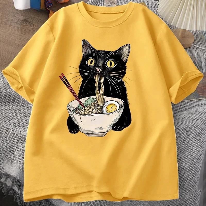 Noodle Lamian Noodles Cat Tshirt Gourmet Lover Short Sleeve Black Cat Noodle Tshirt Retro Casual Round Neck Tshirt