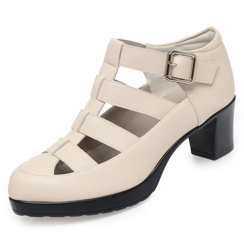 5.5cm 7cm Breathable Cutout Close Head Platform Shoes Soft Leather 2025 Summer Block Med Heels Gladiator Sandals for Office Mom