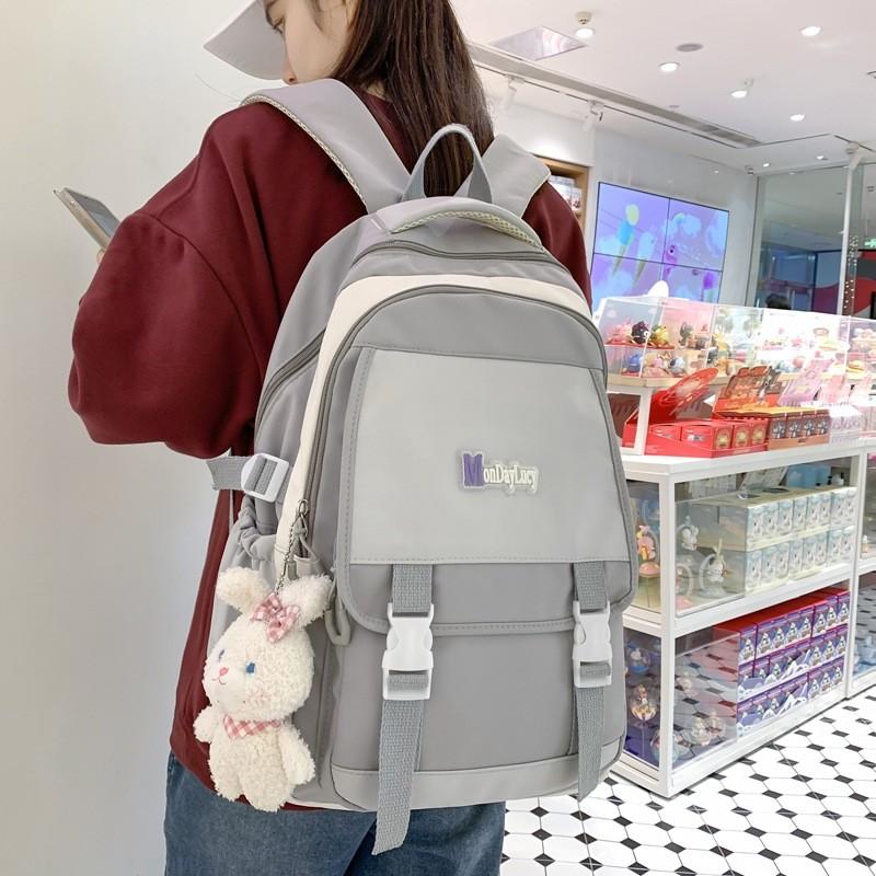 Simple Solid Color Letter Decoration Student Leisure Backpack For Daily Use