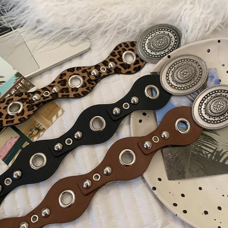 Retro Cowgirl Belt with Studded Detail Adjustable Western Design Sash PU Leather Waist Strap for Women Casual Outfits