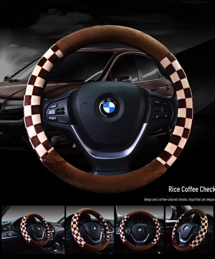 BLM Plaid Plush Steering Wheel Cover - Winter Checkered Car Accessory