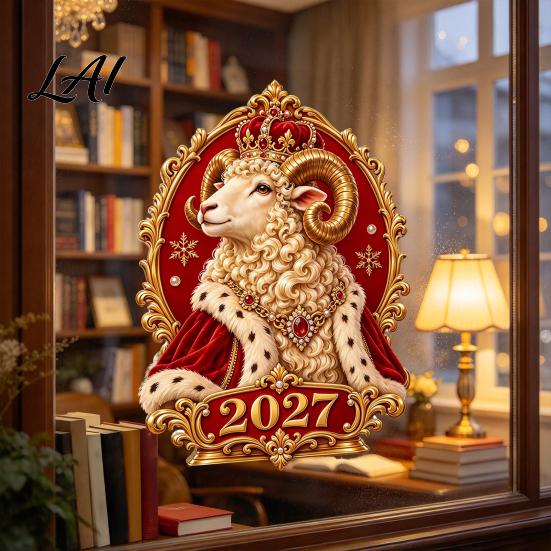 Reusable Window Ornaments for Celebration 2027 Zodiac Sheep Static Glass Sticker PVC Cling Retro Palace Style No Glue Clings Home Decal Russian New