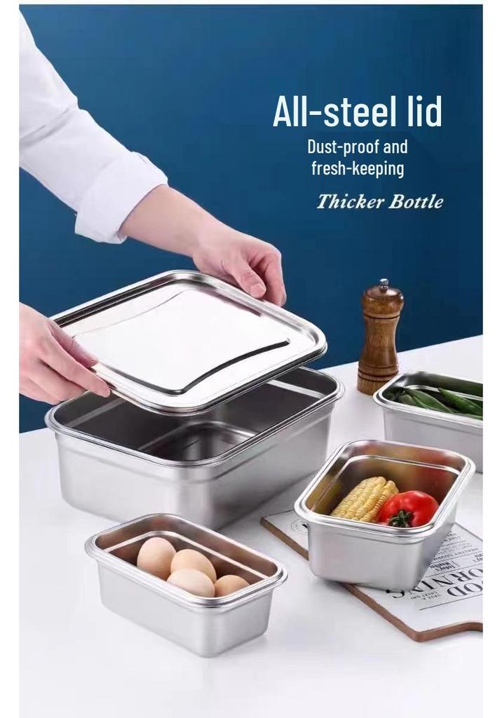 304 Stainless Steel Square Storage Box with Lid - Food Grade Fresh-Keeping Container