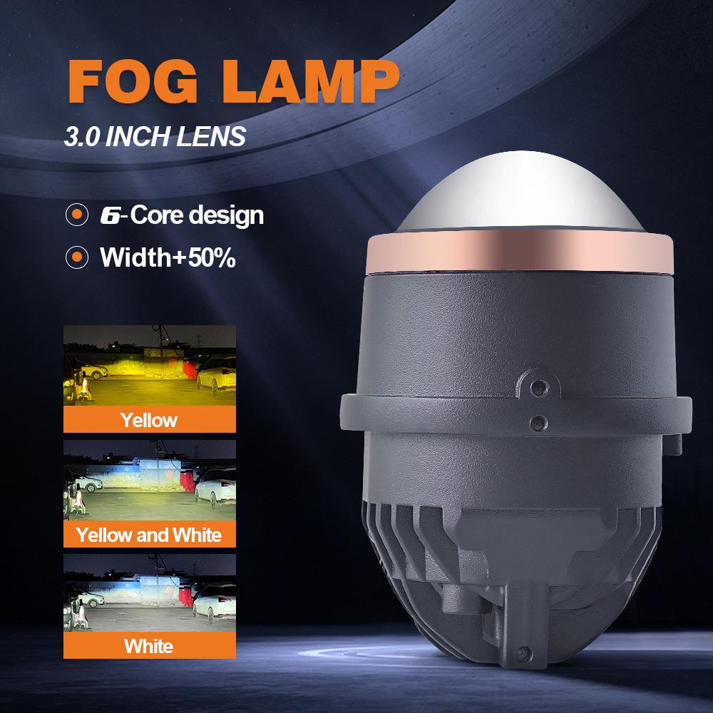 Car LED Fog Light, Bifocal Lens 3 Inches, Three-color LED Light 30-85W Double Direct Laser Fog Light Waterproof