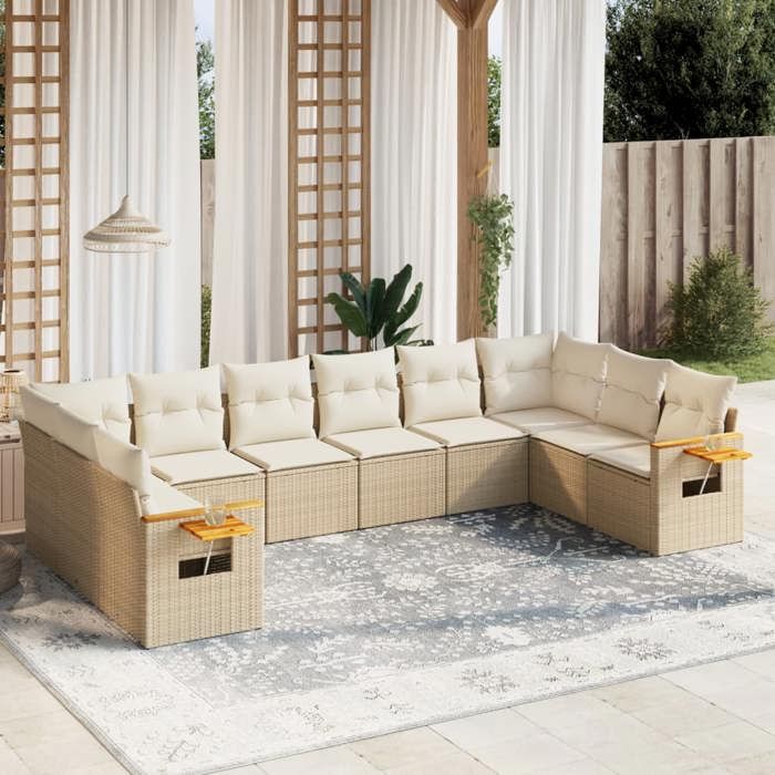 VidaXL Salon de Jardin avec Coussins 10 pcs, Canapés de Terrasse, Ensemble de Meubles de Patio, Mobilier d'Extérieur, Beige 3227164