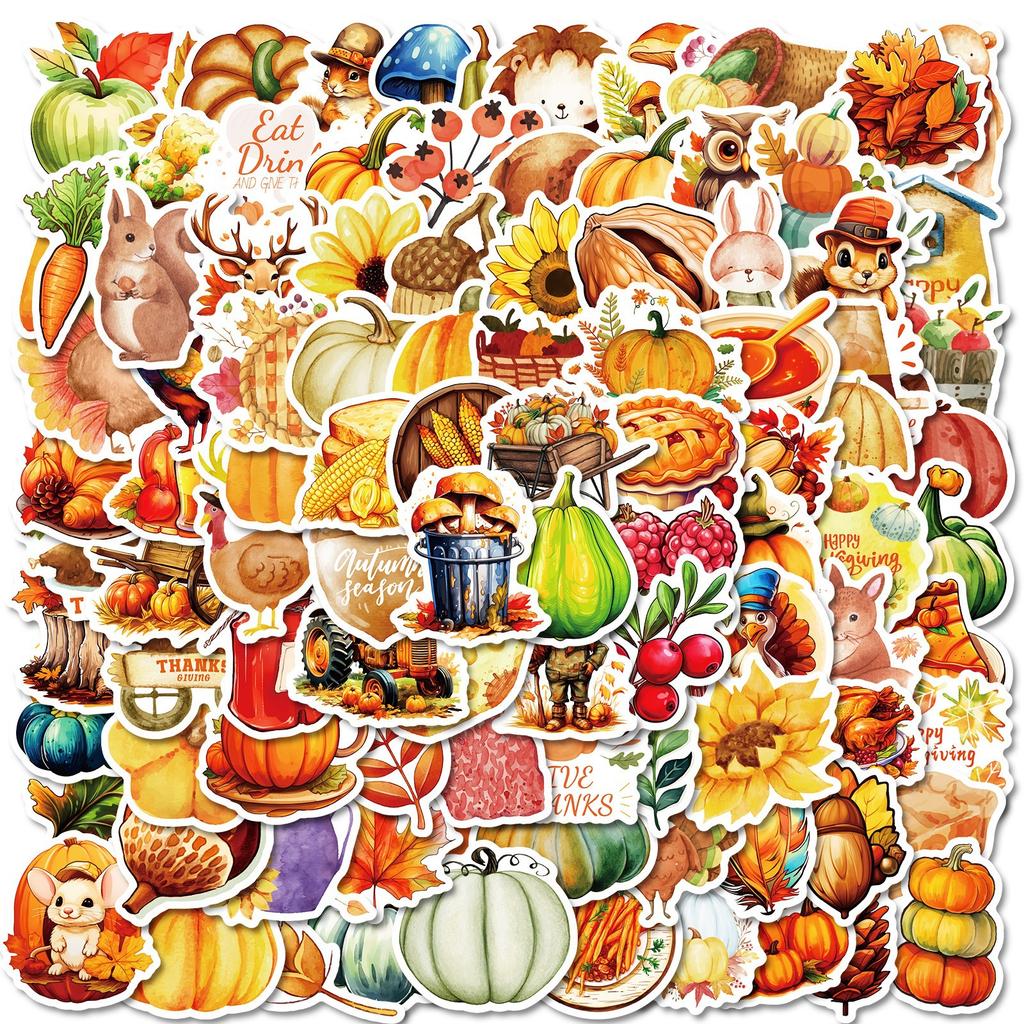 100 Thanksgiving Waterproof Stickers PP Material Waterproof No Repeatable Stickers DIY Water Cup Luggage Skateboard Refrigerator