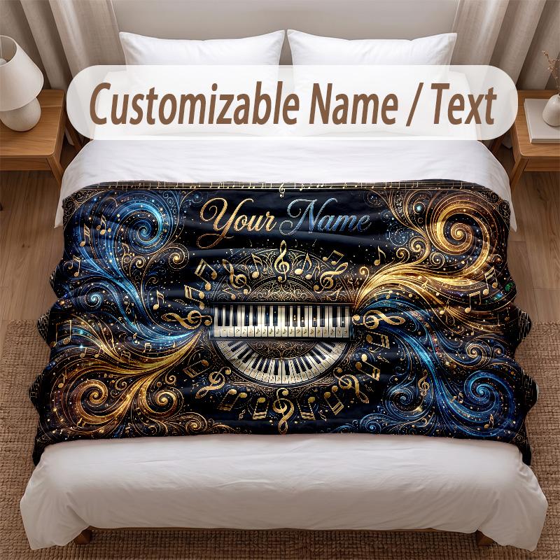 Music Piano Theme Soft Blanket Personalized Custom Name Text Print Warm Blanket Home Sofa Bedroom Decor