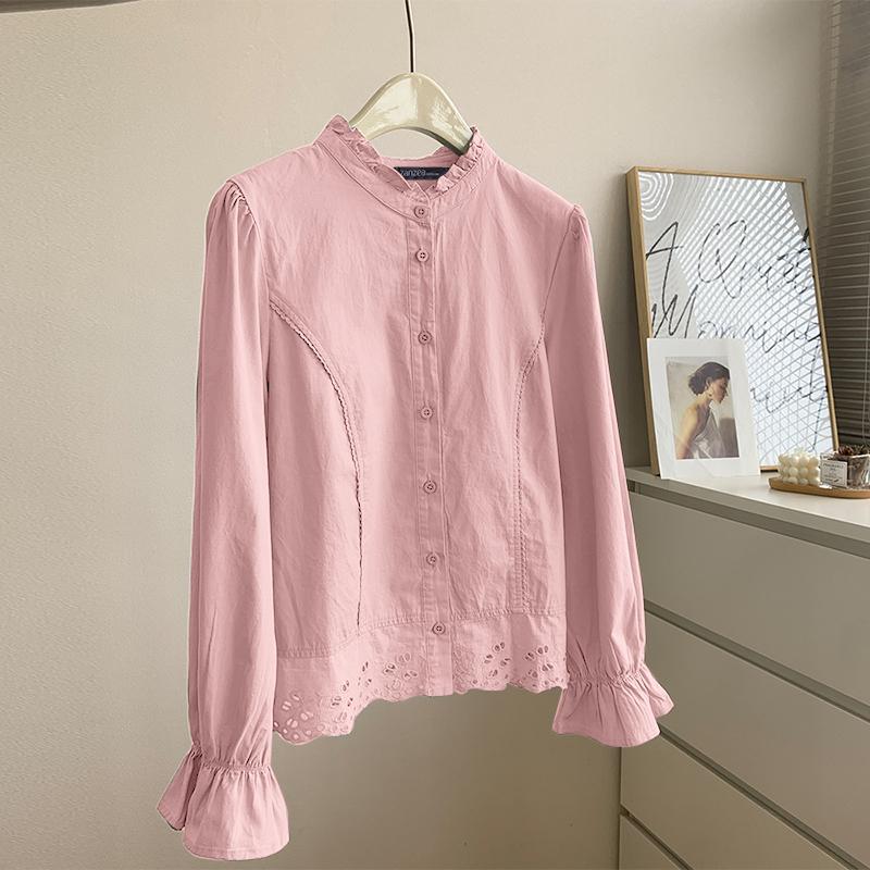 

ZANZEA Женские осенние свободные кружевные рубашки с воротником-стойкой и длинным рукавом 4XL