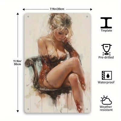 [Vintage-Style Wall Art] Vintage-Style Aluminum Wall Art Sign - 1pc  Elegant Lady Painting Metal Tin  Wall Hanging Decor