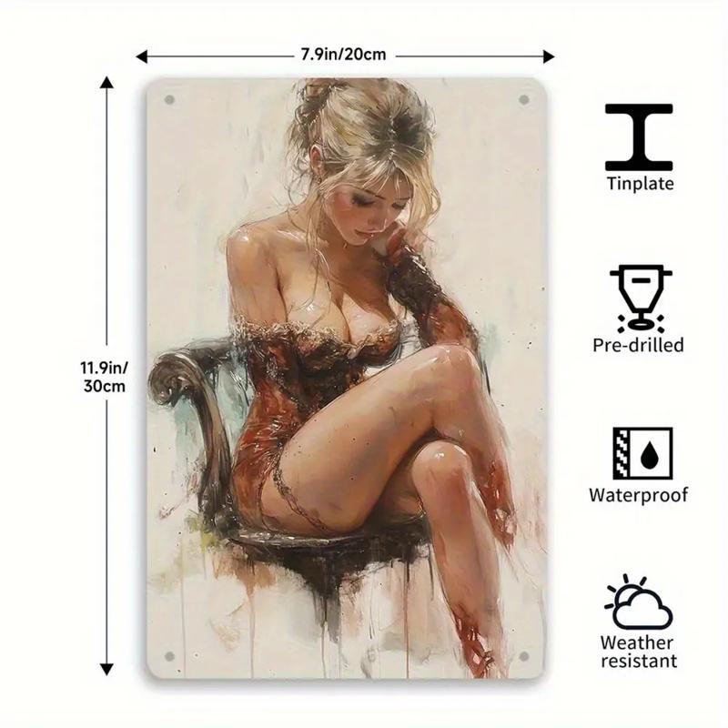 [Vintage-Style Wall Art] Vintage-Style Aluminum Wall Art Sign - 1pc  Elegant Lady Painting Metal Tin  Wall Hanging Decor