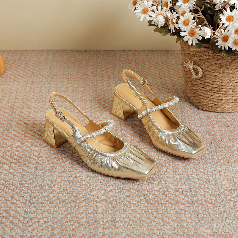 Square head shallow mouth Mary Jane high heels half bag head pearl rhinestone 2025 summer new with skirt thick heel sandals