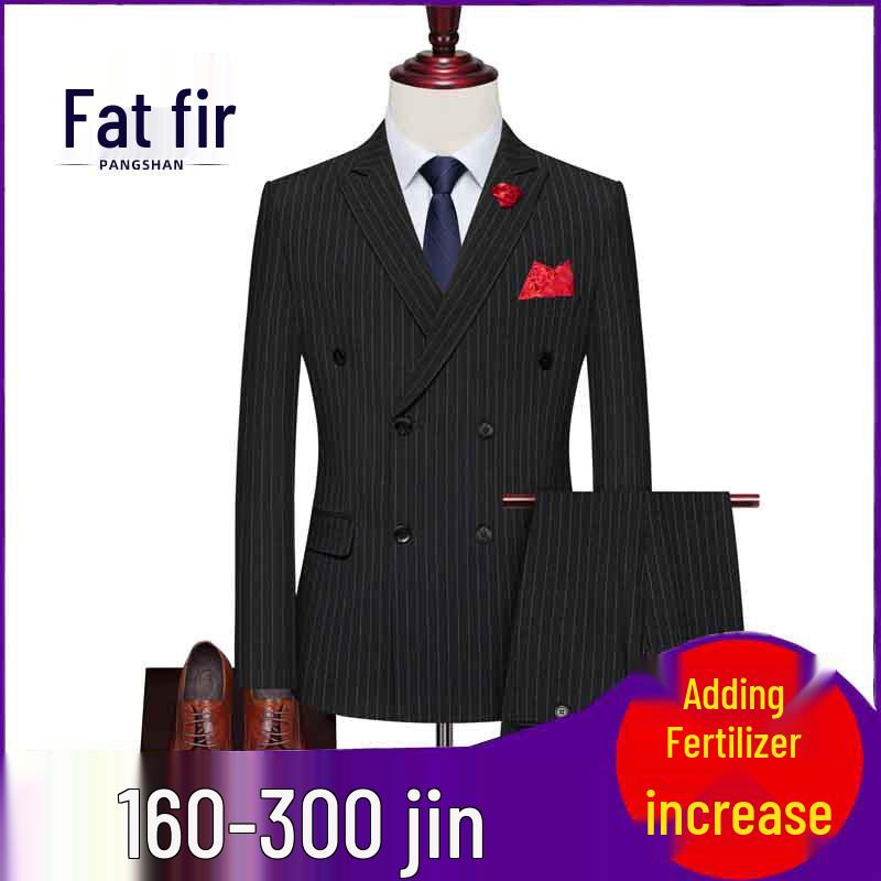 Men's Double-Breasted Striped Stretch Suit Set, Loose Fit, Plus Size for Big & Tall, Perfect for Weddings.