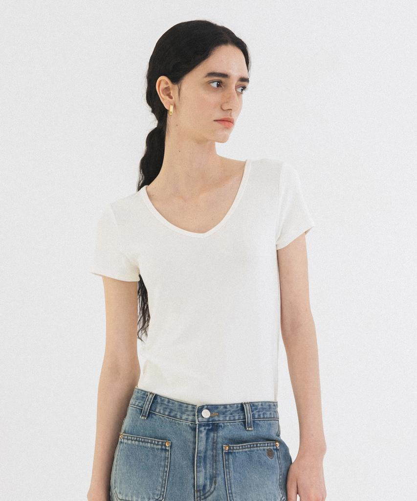 Siyajyu Sitp5202 Retro V-Neck Slim Short Sleeve T-Shirt_Ivory