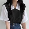 Women Spring Summer Solid Color Short Sleeved Polo Collar Fake Two T-shirt Loose Contrast Color Blouses Pullover Top S-XXL