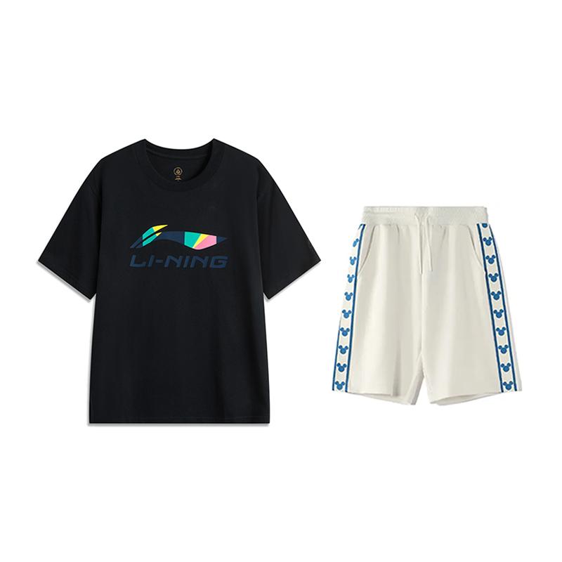 Li Ning Logo Printed Letter Round Neck Pullover Short Sleeve T-Shirt Comfortable Versatile Skin-Friendly Shorts Casual Sports Set AHSVD61-2+YKSV129-1