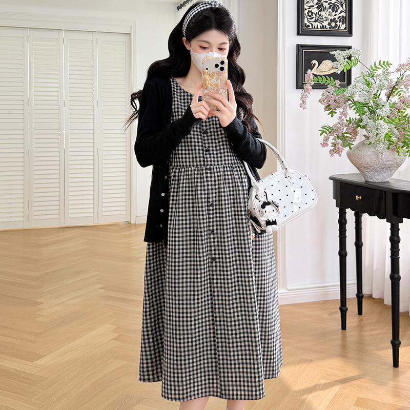 Maternity Plaid Sleeveless Dress & Plus Size Cardigan Set XL