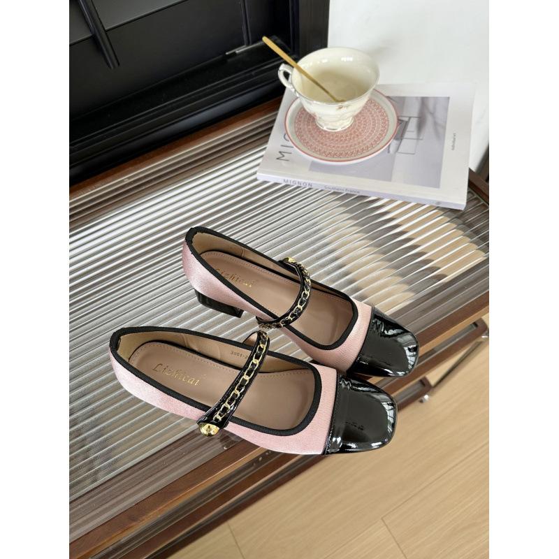 2025 vår och höst ny mode mångsidig tjock klack fransk liten doftande splicing fyrkantig tå Mary Jane enkelskor damskor