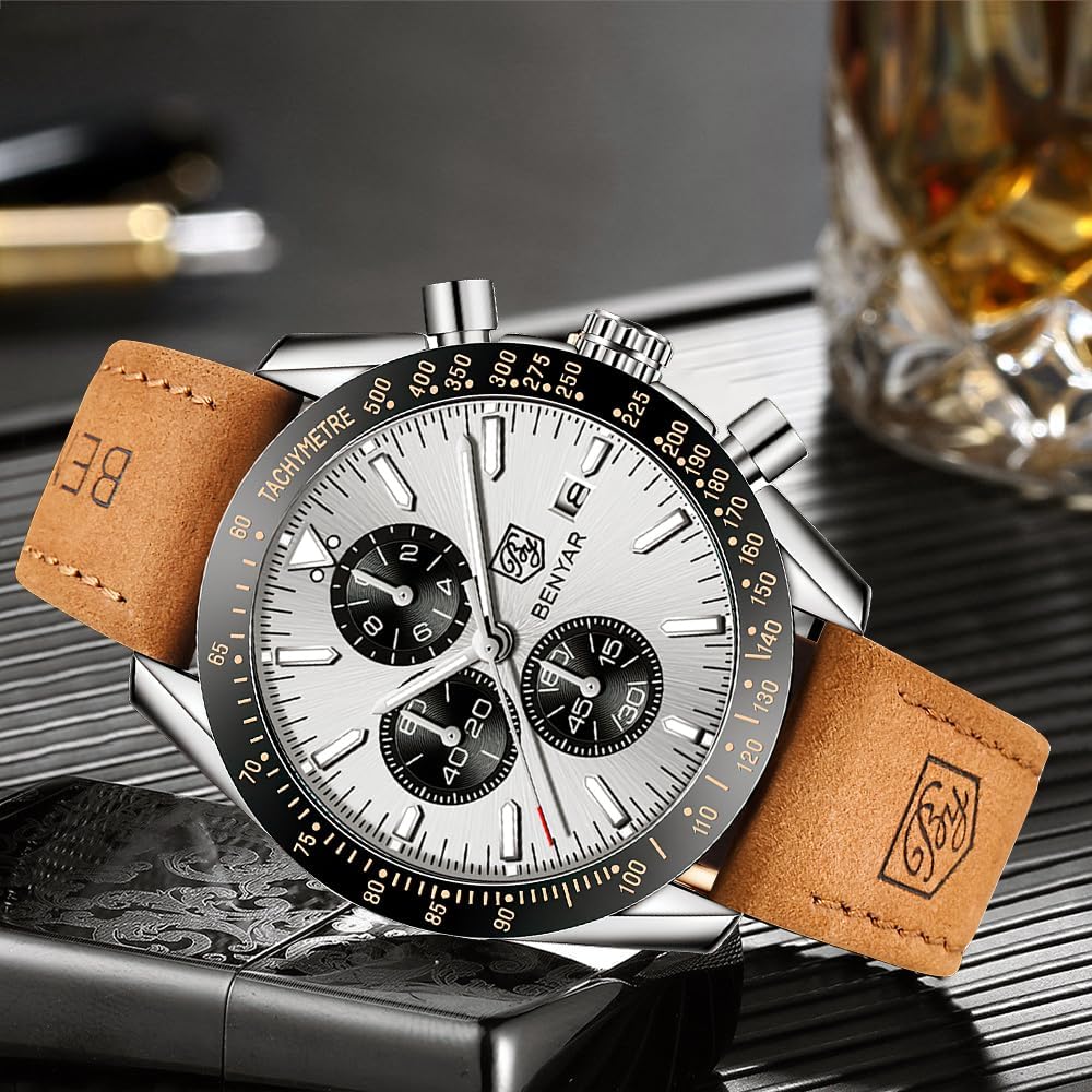 BY BENYAR Chronograph Analog 30M Water Leather Strap Quartz Brown and Perfect Gift for Men Men's Watch, Resistant, Simple, Stylish, Popular, Formal,