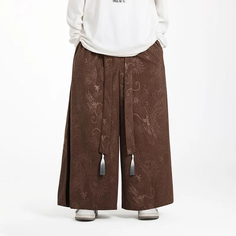 

2026 Spring Men Corduroy Pants Women Chinese Style Pants Casual Jacquard Dragon Hip Hop Trousers Mens Streetwear Wide Leg Pants 4XL кавовий