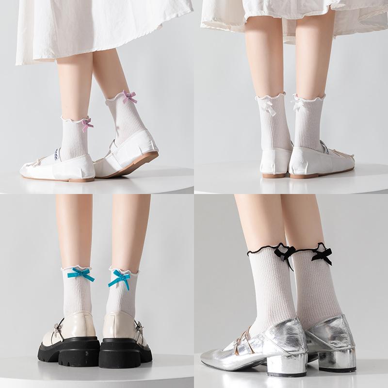 

Lace Bow Tie Mid-calf Spring and Summer Cute Solid-colored Girl Lolita Autumn Pile Socks 1 pair білий